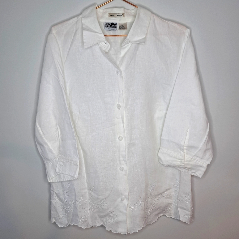 Edward Women 100% Irish Linen White Button-Up Shirt with Embroidered Hem